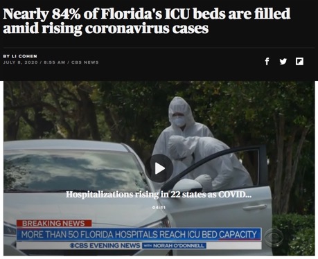 screenshot of news video re 84% of Floridas ICU beds full due to coronavirus