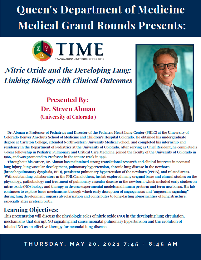 Announcement for TIME Speaker for the Medical Grand Rounds on Thursday , May 20th, 2021
