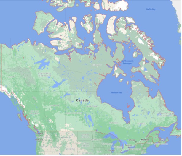 map of Canada with surrounding waters