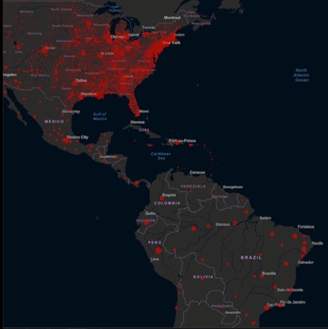 Map of North and South America and the prevalence of cases