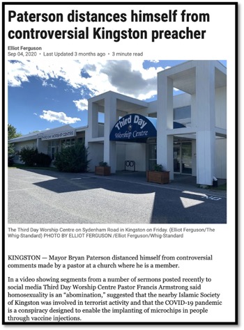 new article  stating mayor Patterson distances himself from church with a photo of third day worship centre entrance