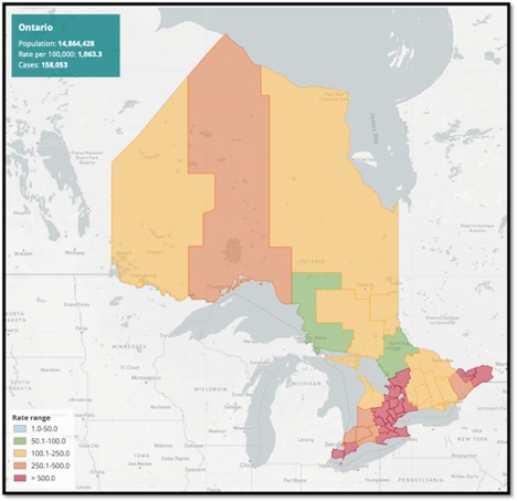 map of Ontario colour coded showing prevalence of covid