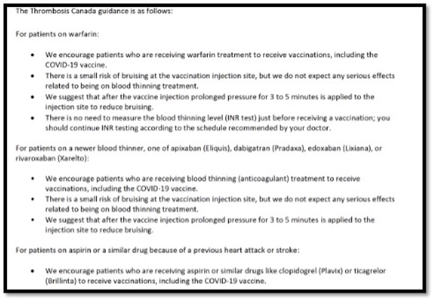 memo from Thrombosis Canada for those receiving a vaccine who are on blood thinners