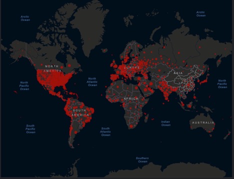 world map showing prevalence of COVID-19