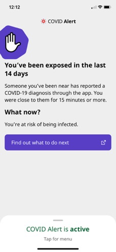 iPhone screenshot of covid alert you've been exposed