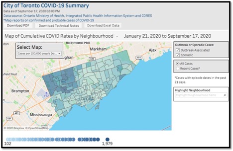 Map of Toronto showing covid-19 summary
