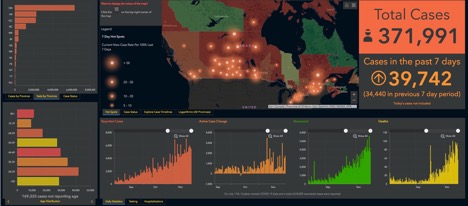 map, table and graph if covid 19 cases in Canada