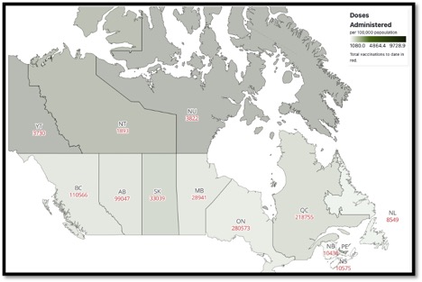 map of Canada with each province having a red number in it denoting the vaccine doses administered so far