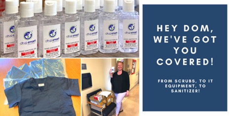 picture of scrubs, hand sanitizer and person holding webcam