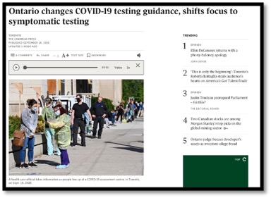 Screenshot of News article titled: Ontario changes COVID-19 testing guidance, shifts focus to symptomatic testing
