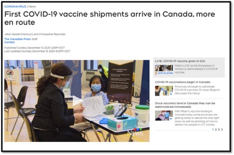 screen shot of vaccines arriving in Canada with nurse at table and patient in chair