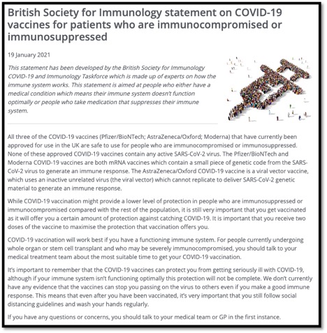 memo from the British Society for immunology re patients who are immunosuppressed or compromised