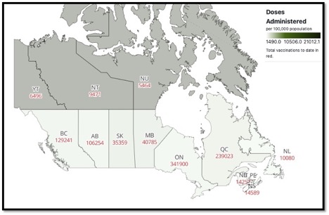 map of Canada with each province labelled and the number of vaccine doses administered noted for each province