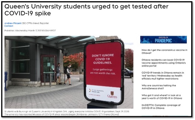 photo of kids walking out of University building with a sign stating not to ignore covid 19 guidelines