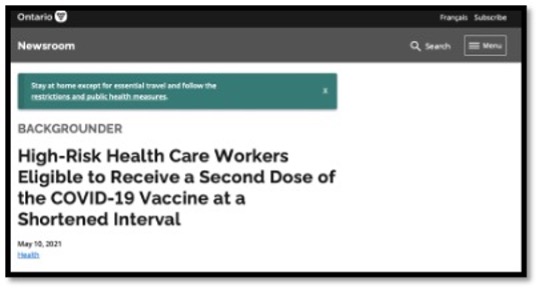screenshot of news article title that high risk healthcare workers to receive 2nd covid shot earlier