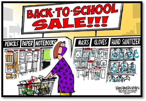 cartoon showing back to school items include masks, hand sanitizer and gloves