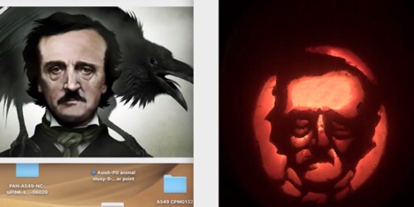 pumpkin carved of the face of Edgar Allen poe