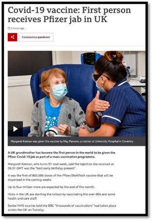 news article re first person to receive vaccine older lady and nurse 