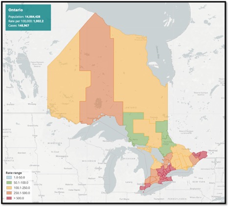 map of Ontario highlighting areas of high covid prevalence