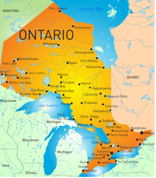 coloured map of Ontario with Cities listed