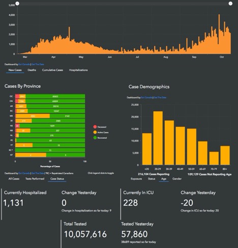 graphs of Canada cases and deaths by date, province and age