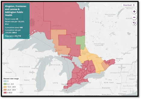 map of Ontario colour coded depending on number of cases / 100,000