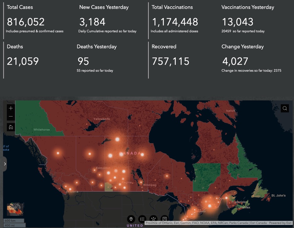 number graphic and map of Canada showing current pandemic numbers