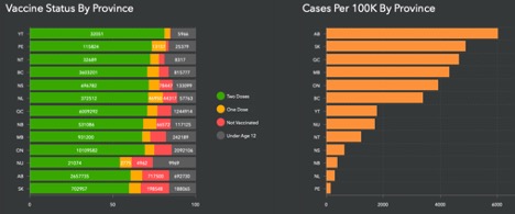 horizontal bar graphs showing vaccines and cases by province