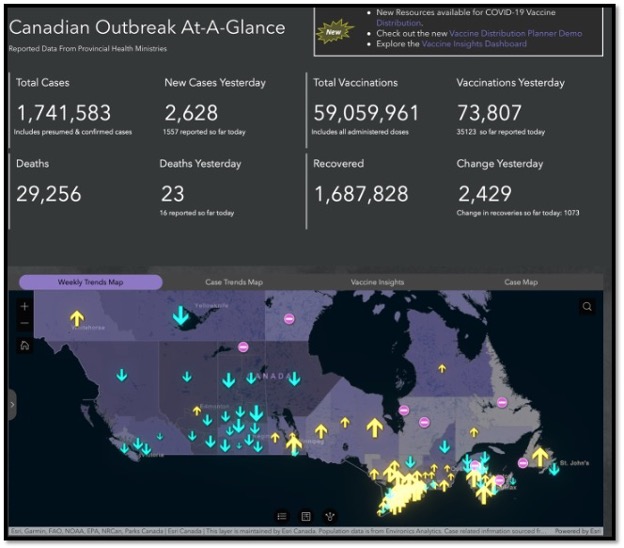 map and numbers showing current covid data for Canada