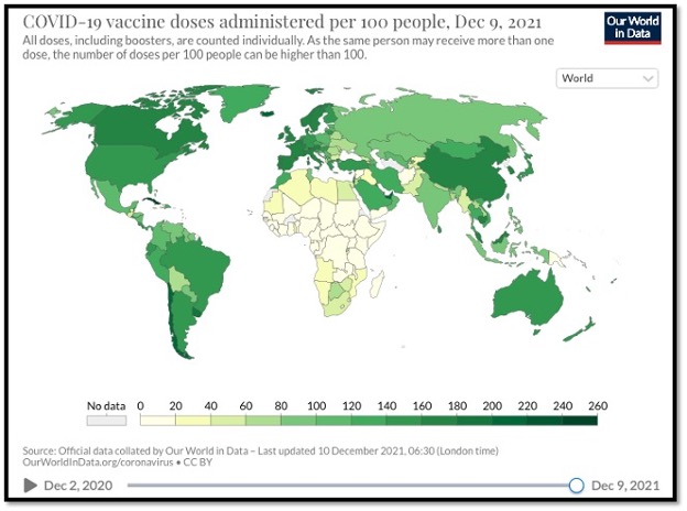 world map with different shades of green to show COVID-19 vaccine doses administered