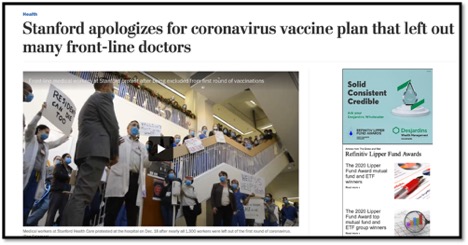 screenshot of news article Stanford vaccine plan. people along a staircase with signs