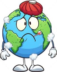 Cartoon picture of a sick world with thermometer in mouth