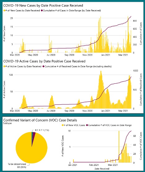 three types of graphs yellow in colour showing current covid data