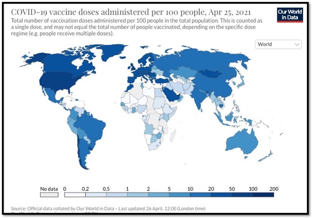 world map showing areas that have administered most vaccines