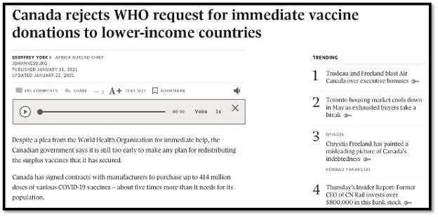 audio file of interview re Canada rejects WHO request to donate vaccines to lower income countries