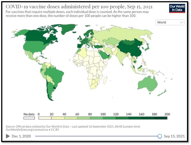 world map with different shades of green showing vaccine doses administered