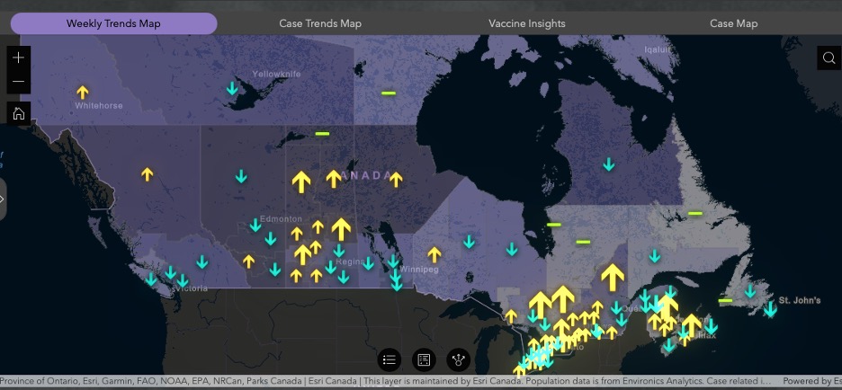 map of Canada with yellow arrows pointing up and teal arrows pointing down