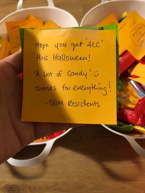 bowls of candy with notes