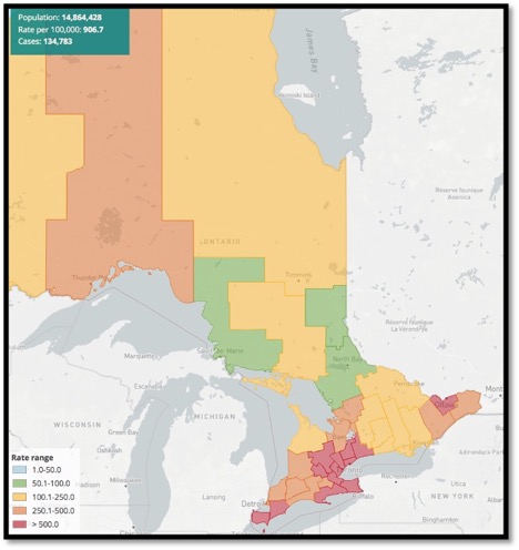 map of Ontario colour coded with current covid numbers