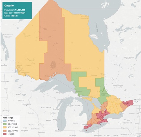 map of Ontario highlighting areas with high covid prevalence