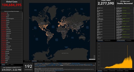 world map with dots denoting large amounts of covid. ranking of countries by name on the side