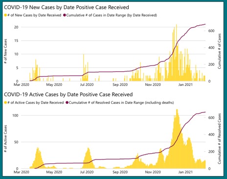 two yellow bar graphs on top of each othershowing new cases and active cases