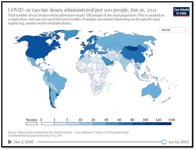 world map with different shades of blue denoting areas with high or low vaccines administered