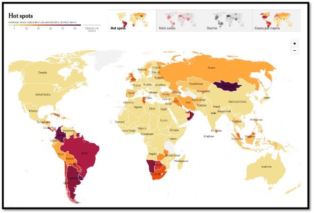 world map with shades of yellow orange and red