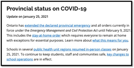 Ontario update on status of covid-19 shutdowns