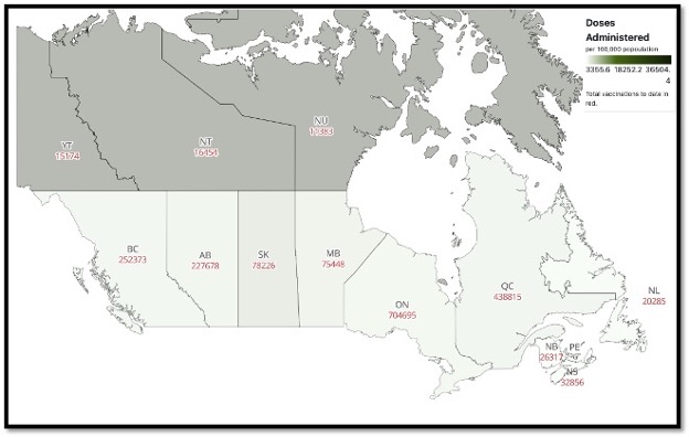 map of Canada with provinces labelled and number of vaccines administered