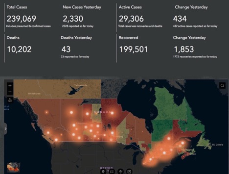 map of Canada  highlighting covid data