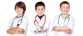 three young boys dressed up as doctors
