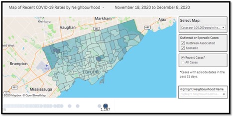 map of GTA with colour coded areas based on covid prevalence