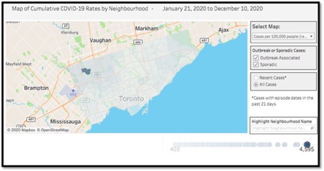 map of toronto highlighting areas of high covid prevalence